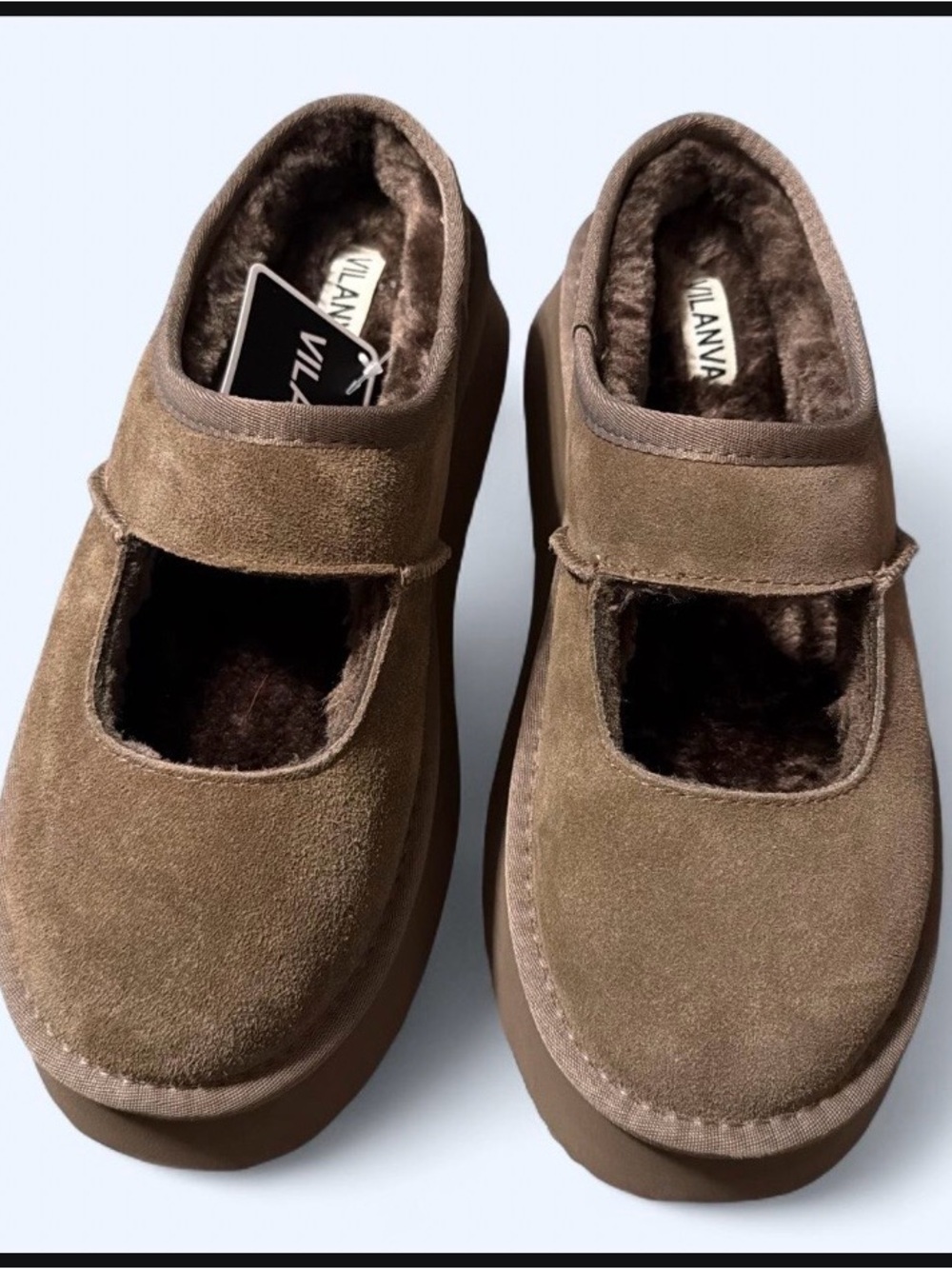 VILANVA womens  brown suede Mary Jane clogs with faux fur lining #cozy #platform